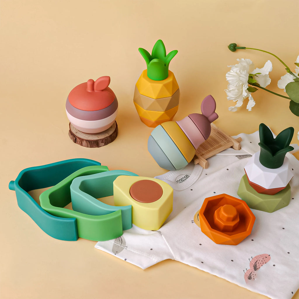 Soft Silicone Fruit Stacking Blocks - Montessori Baby Teether Toy