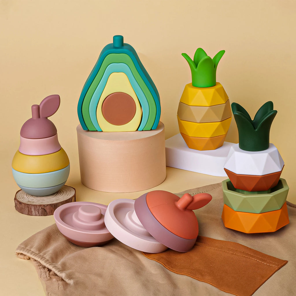 Soft Silicone Fruit Stacking Blocks - Montessori Baby Teether Toy