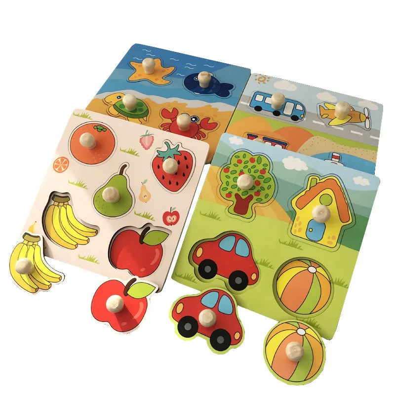 Montessori Wooden Puzzles Baby Educational Toys Hand Grab Boards Tangram Cartoon Animals Fruits 3D Puzzles for babies 2 3 years