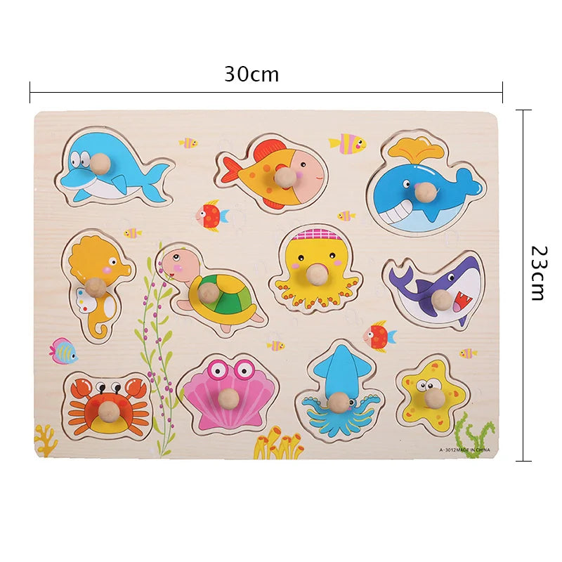 Montessori Wooden Puzzles Baby Educational Toys Hand Grab Boards Tangram Cartoon Animals Fruits 3D Puzzles for babies 2 3 years