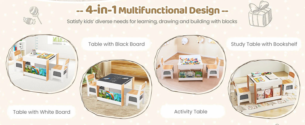 Multifunctional 4-in-1 Kids Table and Chair Set: Activity Desk with 2 Chairs, Removable Tabletop, Storage Drawers & Bookshelf, Ideal for Painting, Crafting, Reading & Playing, Toddler Playroom Furniture, Sturdy Design, 3PCS