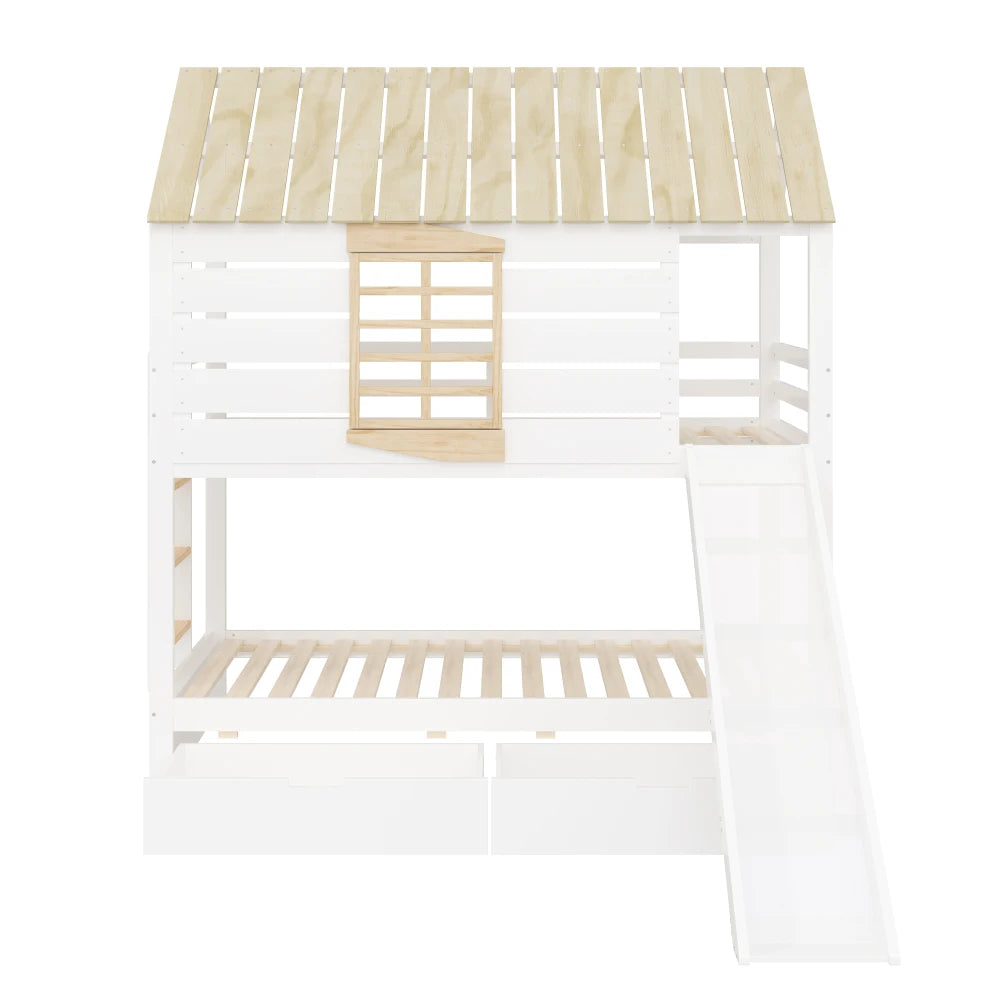 90X200 White and Green Bedroom Bunk Bed with Slide and Pull-Out Bed,without A Mattress