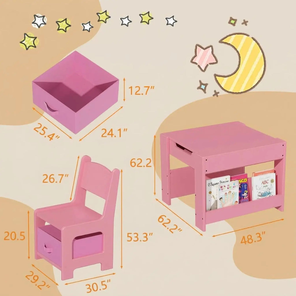 Multifunctional 4-in-1 Kids Table and Chair Set: Activity Desk with 2 Chairs, Removable Tabletop, Storage Drawers & Bookshelf, Ideal for Painting, Crafting, Reading & Playing, Toddler Playroom Furniture, Sturdy Design, 3PCS