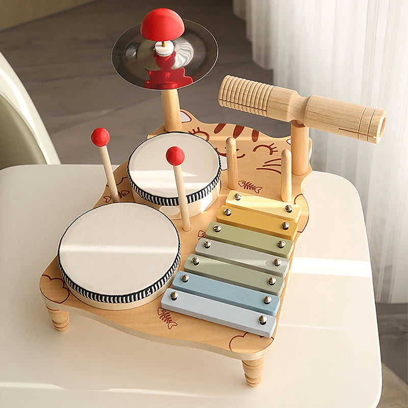 10-in-1 Wooden Musical Toy Drum Set and Xylophone