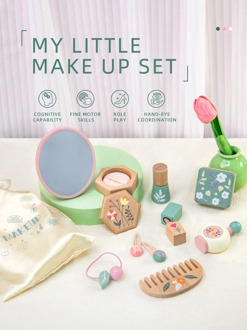 Wooden Beauty Salon Play Set Wooden Makeup Set Girls MakeUp Dressing Table Cosmetics Toys Birthday Gifts For Children
