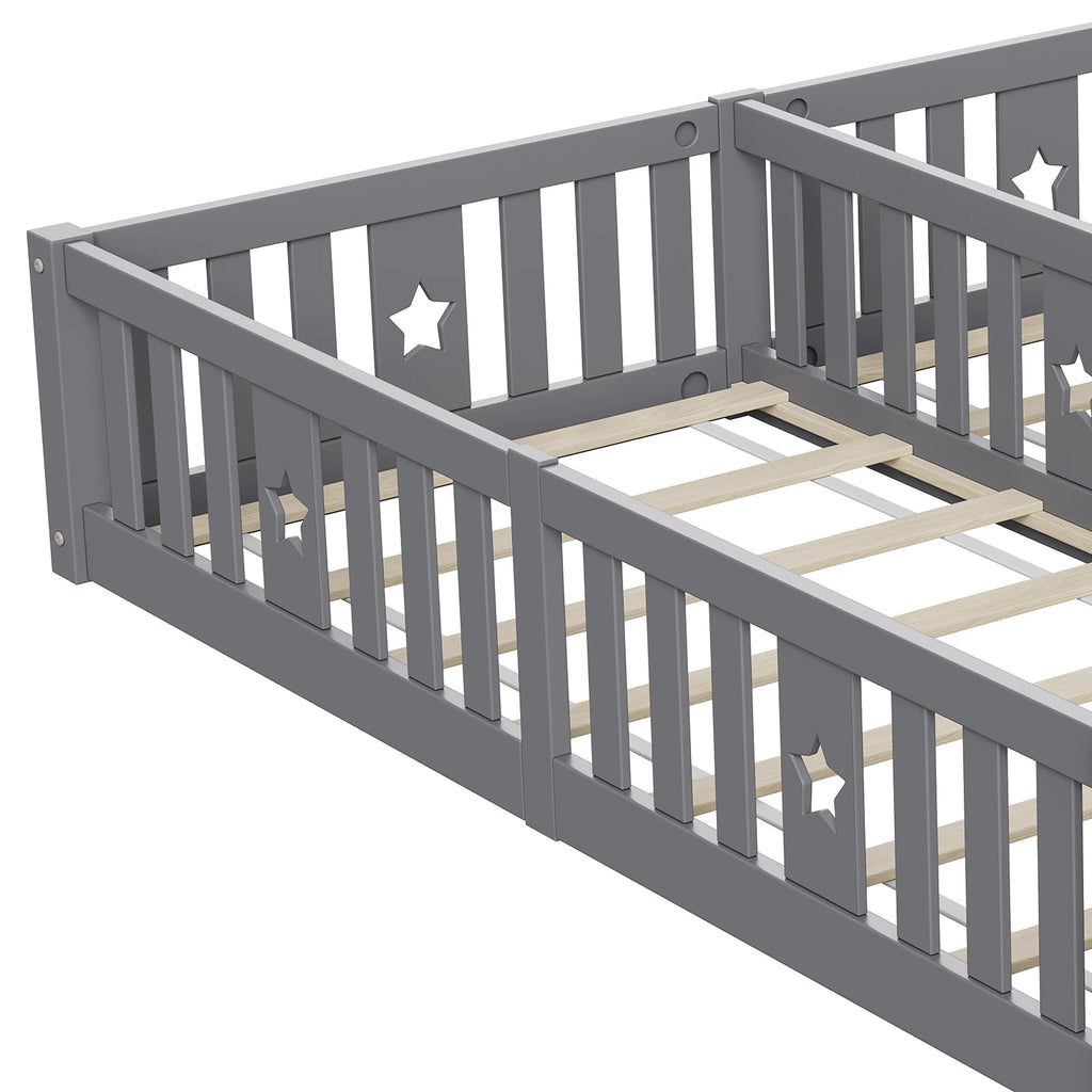 Rosahqnda Solid Floor Bed 180x200cm,Children's Bed with Slats & Star Pattern,Modern Kids Room Furniture,White/Gray