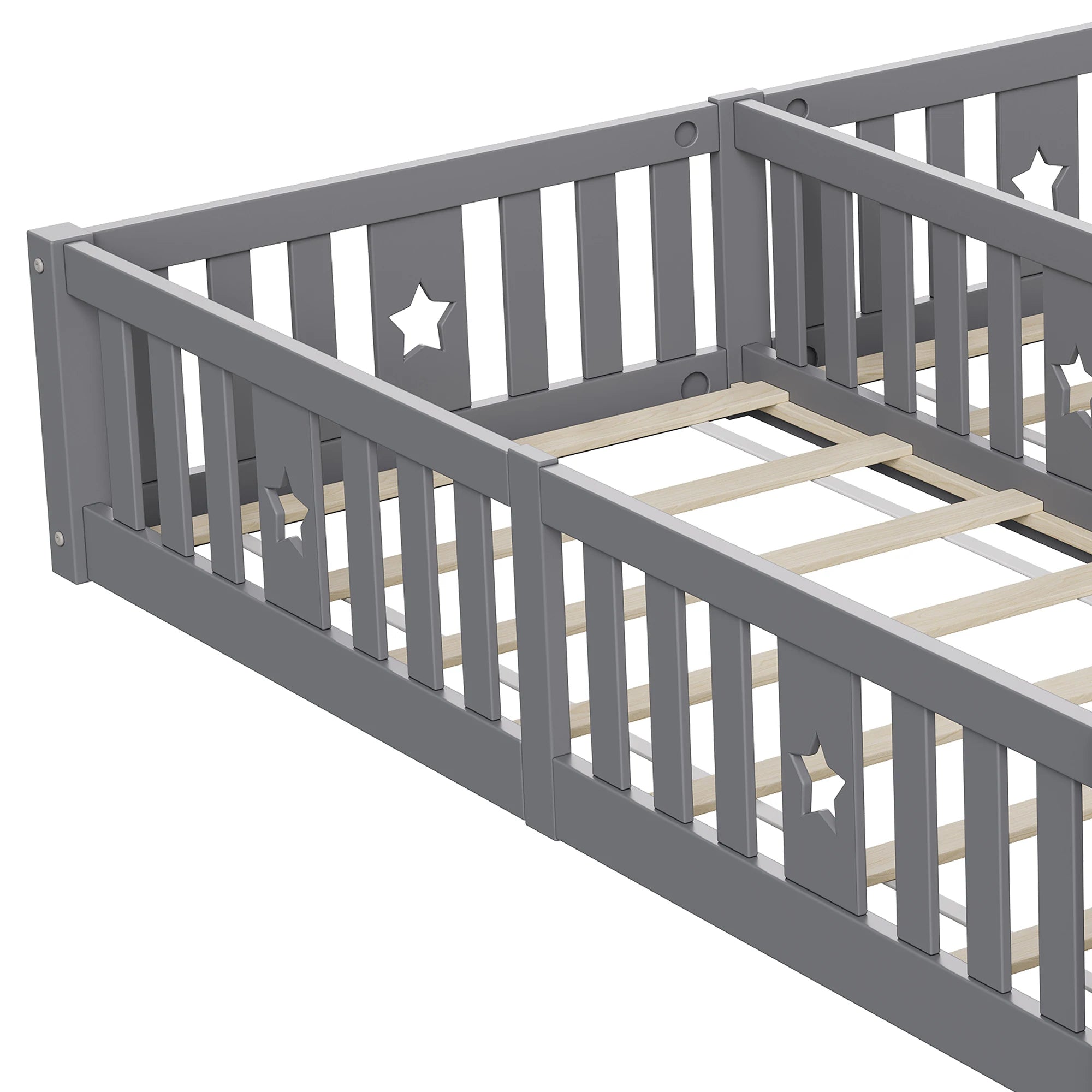 Rosahqnda Solid Floor Bed 180x200cm,Children's Bed with Slats & Star Pattern,Modern Kids Room Furniture,White/Gray