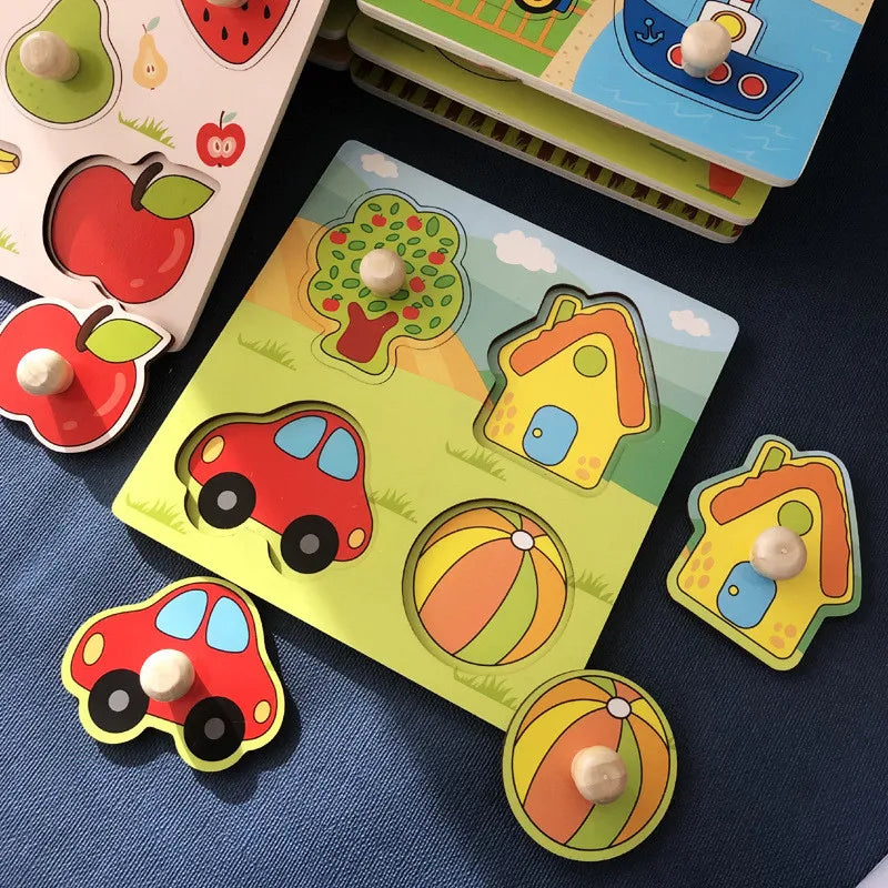 Montessori Wooden Puzzles Baby Educational Toys Hand Grab Boards Tangram Cartoon Animals Fruits 3D Puzzles for babies 2 3 years