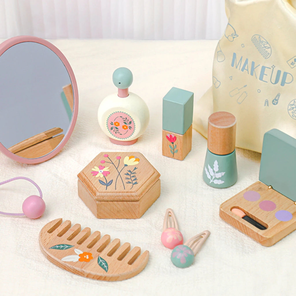 Wooden Beauty Salon Play Set Wooden Makeup Set Girls MakeUp Dressing Table Cosmetics Toys Birthday Gifts For Children