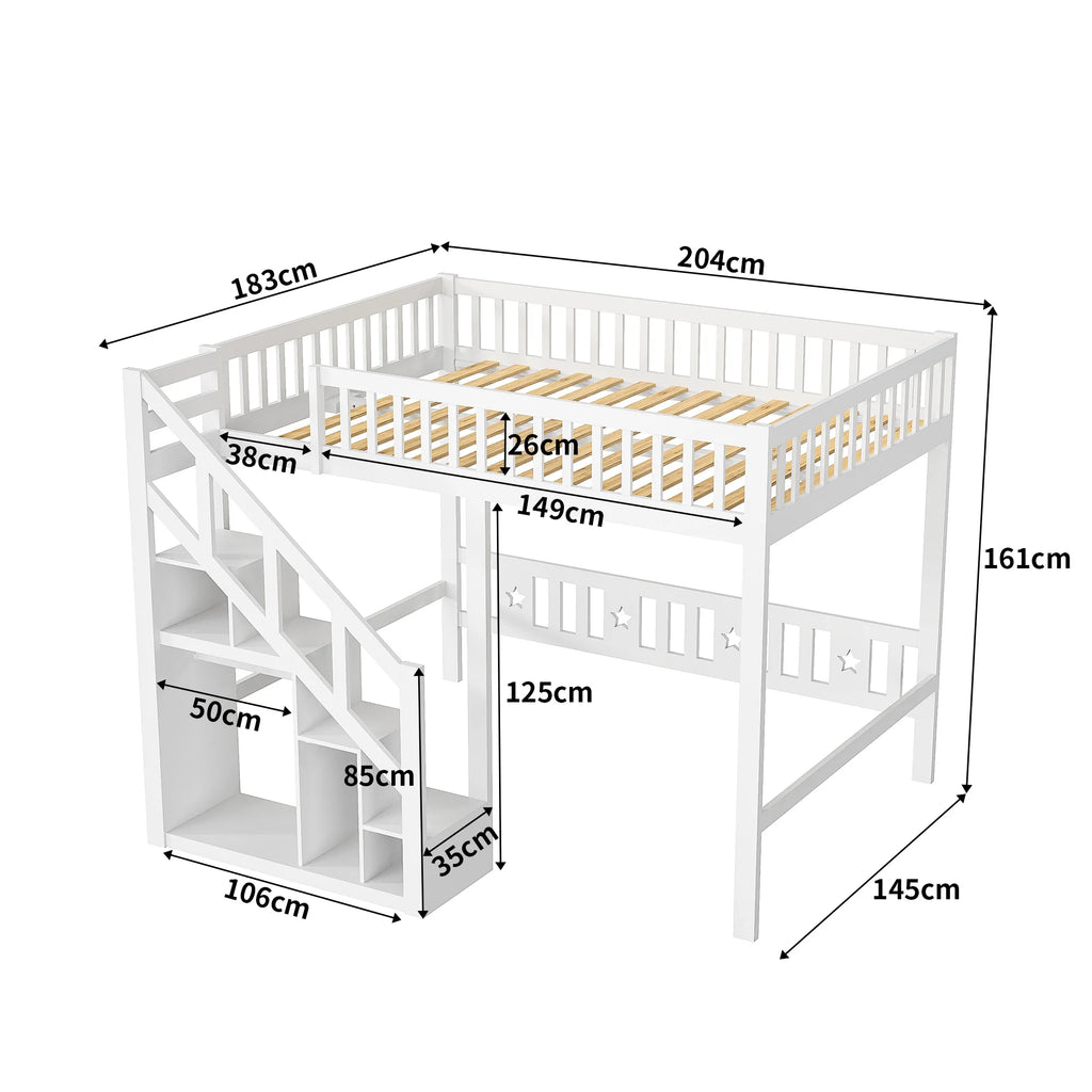 Comanlai Bunk Bed 140 x 200 cm/90 x 200 cm,Children's Bed with Slatted Frame,Storage Shelf Stairs,Fall Protection,Youth Bunk Bed