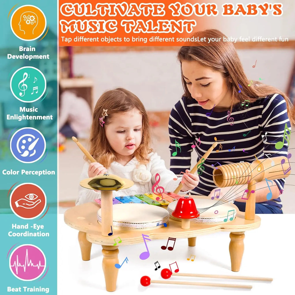10-in-1 Wooden Musical Toy Drum Set and Xylophone