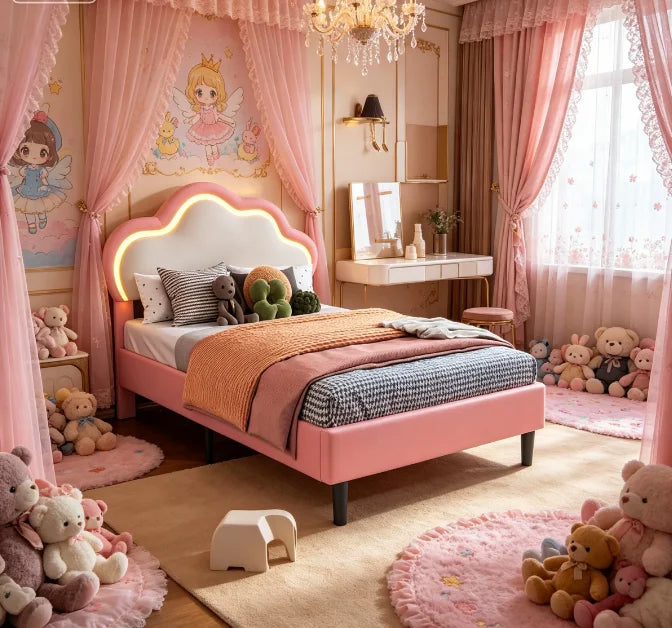 Children's Single Bed 90x200cm Upholstered bed for girls with LED,height-adjustable headboard in clouds shape,slatted Frame,PU