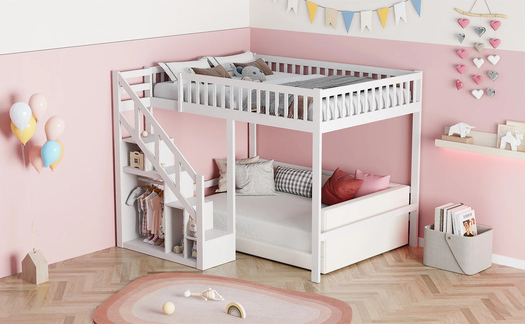 Comanlai Bunk Bed 140 x 200 cm/90 x 200 cm,Children's Bed with Slatted Frame,Storage Shelf Stairs,Fall Protection,Youth Bunk Bed