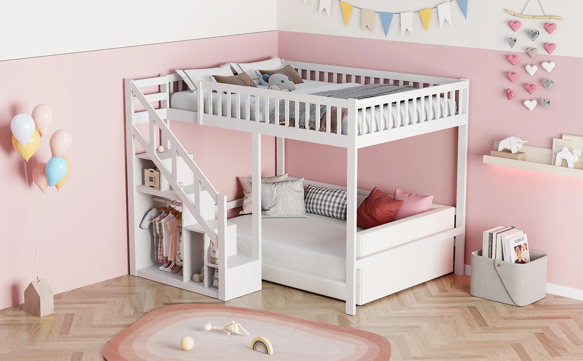 Comanlai Bunk Bed 140 x 200 cm/90 x 200 cm,Children's Bed with Slatted Frame,Storage Shelf Stairs,Fall Protection,Youth Bunk Bed