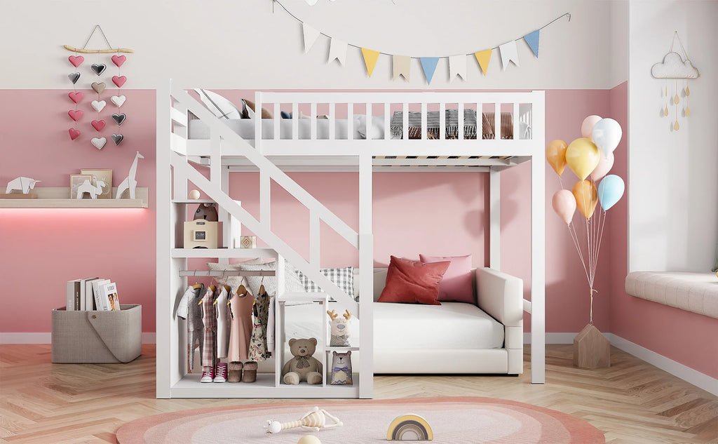 Comanlai Bunk Bed 140 x 200 cm/90 x 200 cm,Children's Bed with Slatted Frame,Storage Shelf Stairs,Fall Protection,Youth Bunk Bed