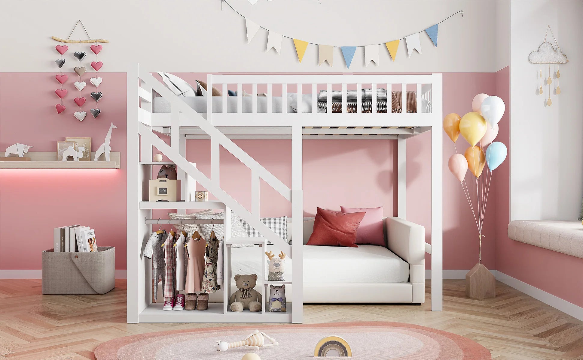 Comanlai Bunk Bed 140 x 200 cm/90 x 200 cm,Children's Bed with Slatted Frame,Storage Shelf Stairs,Fall Protection,Youth Bunk Bed