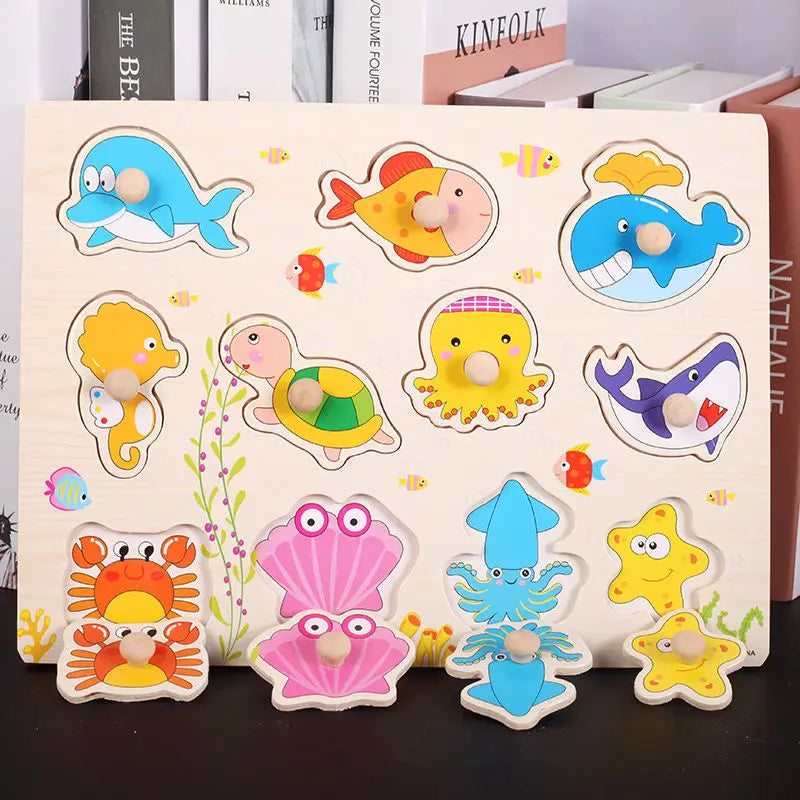 Montessori Wooden Puzzles Baby Educational Toys Hand Grab Boards Tangram Cartoon Animals Fruits 3D Puzzles for babies 2 3 years