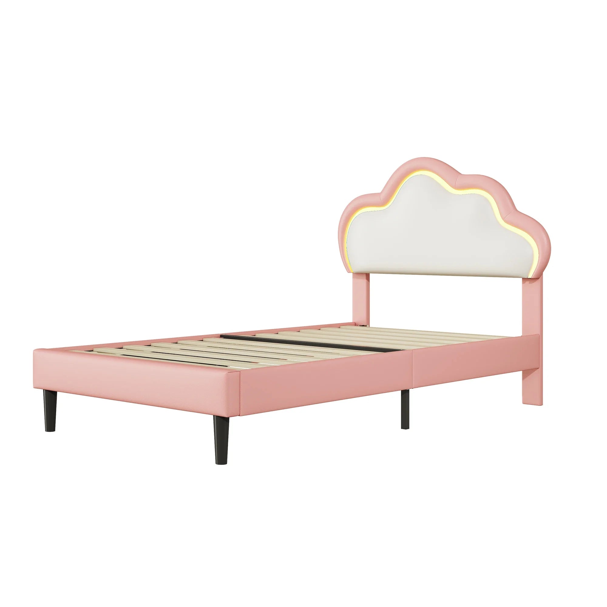 Children's Single Bed 90x200cm Upholstered bed for girls with LED,height-adjustable headboard in clouds shape,slatted Frame,PU