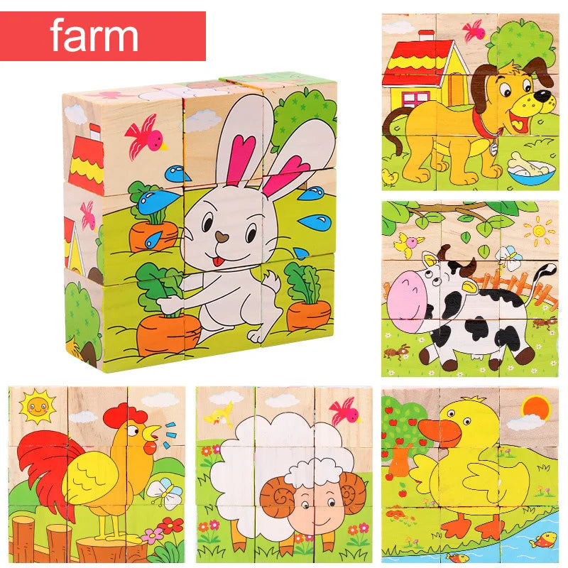 Wooden Puzzle Six Sides Painted Three-Dimensional Traffic Animal Puzzle Building Blocks Montessori Early Education Toys TMZ