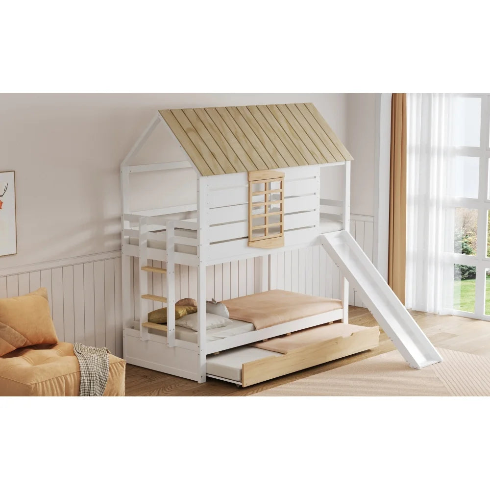 90X200 White and Green Bedroom Bunk Bed with Slide and Pull-Out Bed,without A Mattress