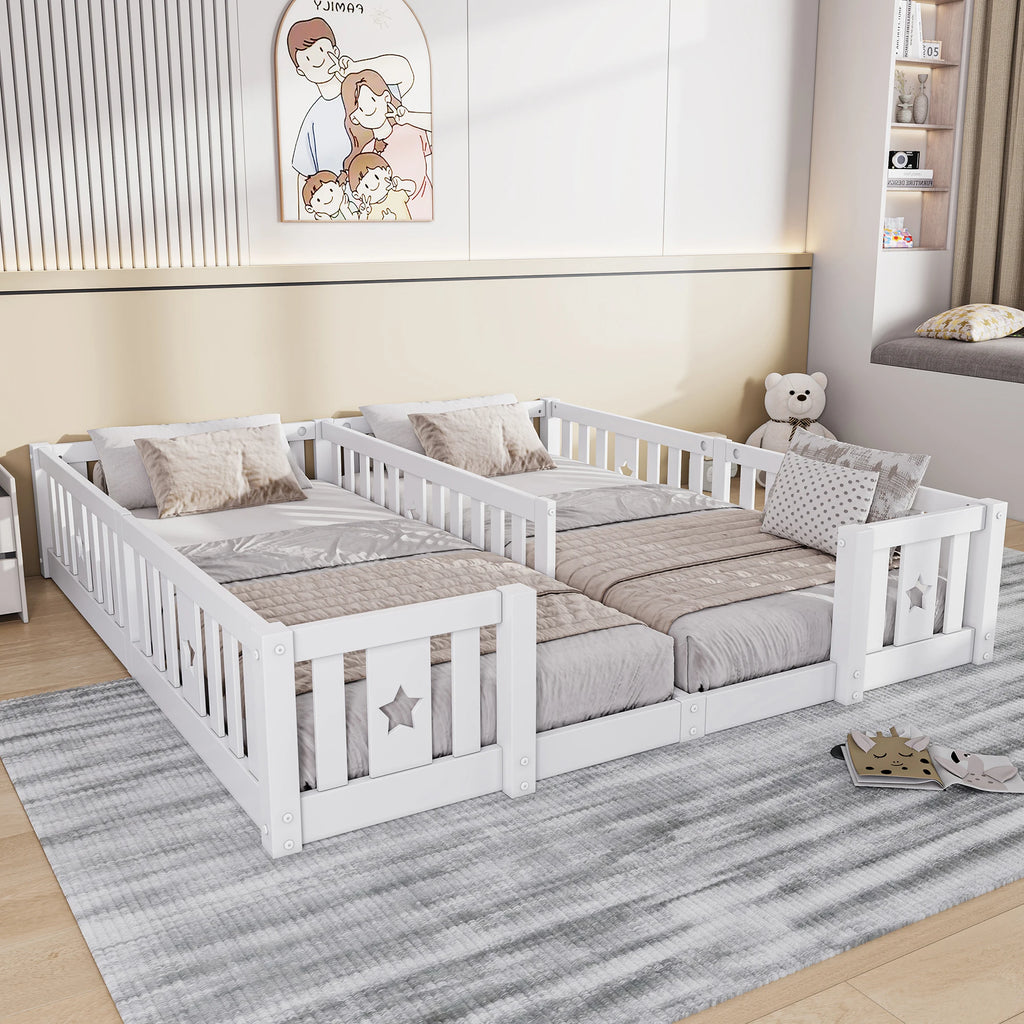 Rosahqnda Solid Floor Bed 180x200cm,Children's Bed with Slats & Star Pattern,Modern Kids Room Furniture,White/Gray