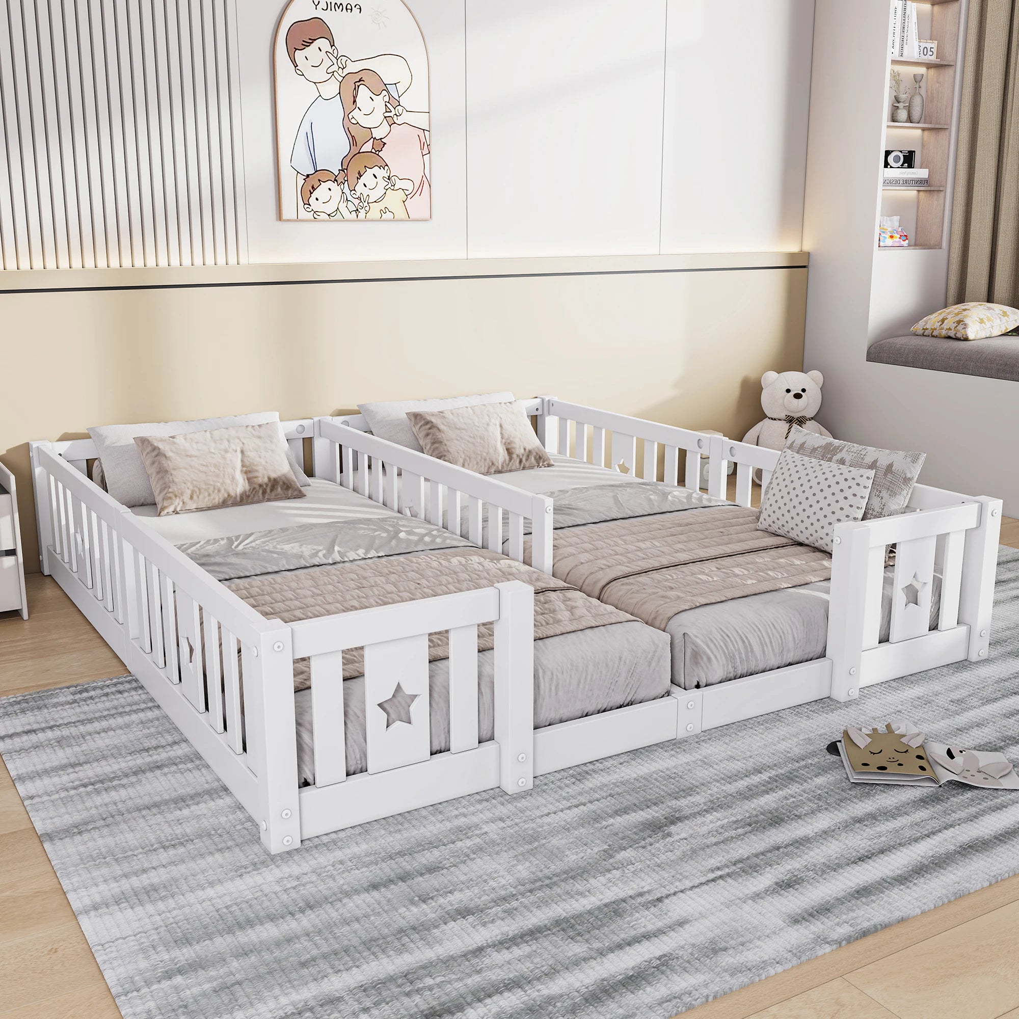 Rosahqnda Solid Floor Bed 180x200cm,Children's Bed with Slats & Star Pattern,Modern Kids Room Furniture,White/Gray