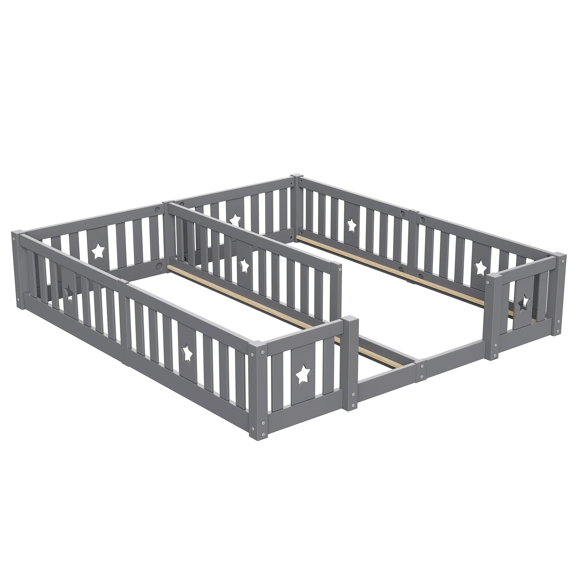 Rosahqnda Solid Floor Bed 180x200cm,Children's Bed with Slats & Star Pattern,Modern Kids Room Furniture,White/Gray
