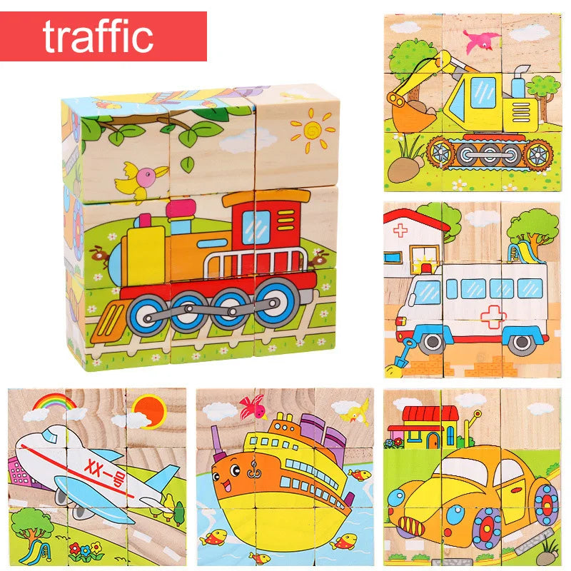 Wooden Puzzle Six Sides Painted Three-Dimensional Traffic Animal Puzzle Building Blocks Montessori Early Education Toys TMZ