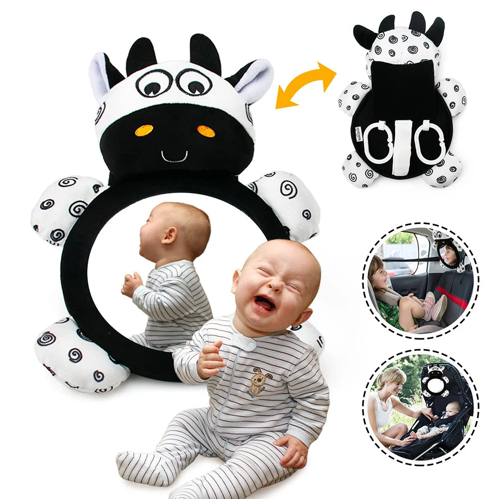 Baby Tummy Time Mirror Toy - High Contrast Black & White Cow