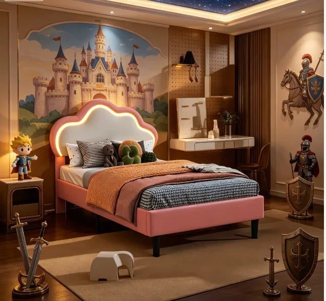 Children's Single Bed 90x200cm Upholstered bed for girls with LED,height-adjustable headboard in clouds shape,slatted Frame,PU