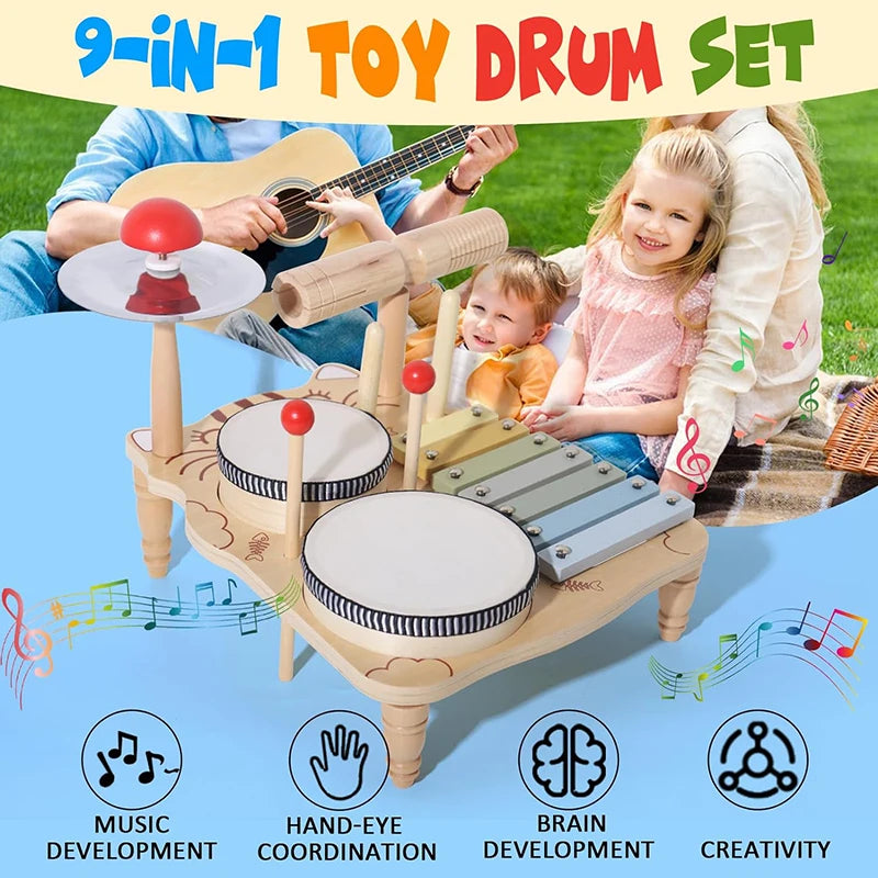 10-in-1 Wooden Musical Toy Drum Set and Xylophone