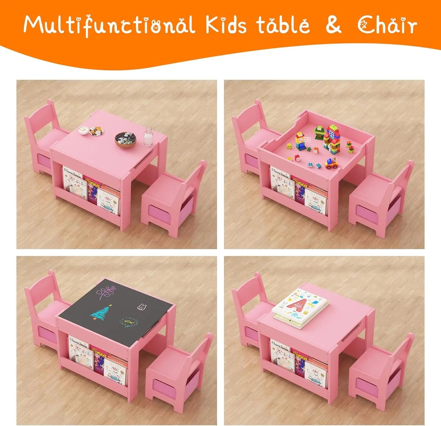 Multifunctional 4-in-1 Kids Table and Chair Set: Activity Desk with 2 Chairs, Removable Tabletop, Storage Drawers & Bookshelf, Ideal for Painting, Crafting, Reading & Playing, Toddler Playroom Furniture, Sturdy Design, 3PCS