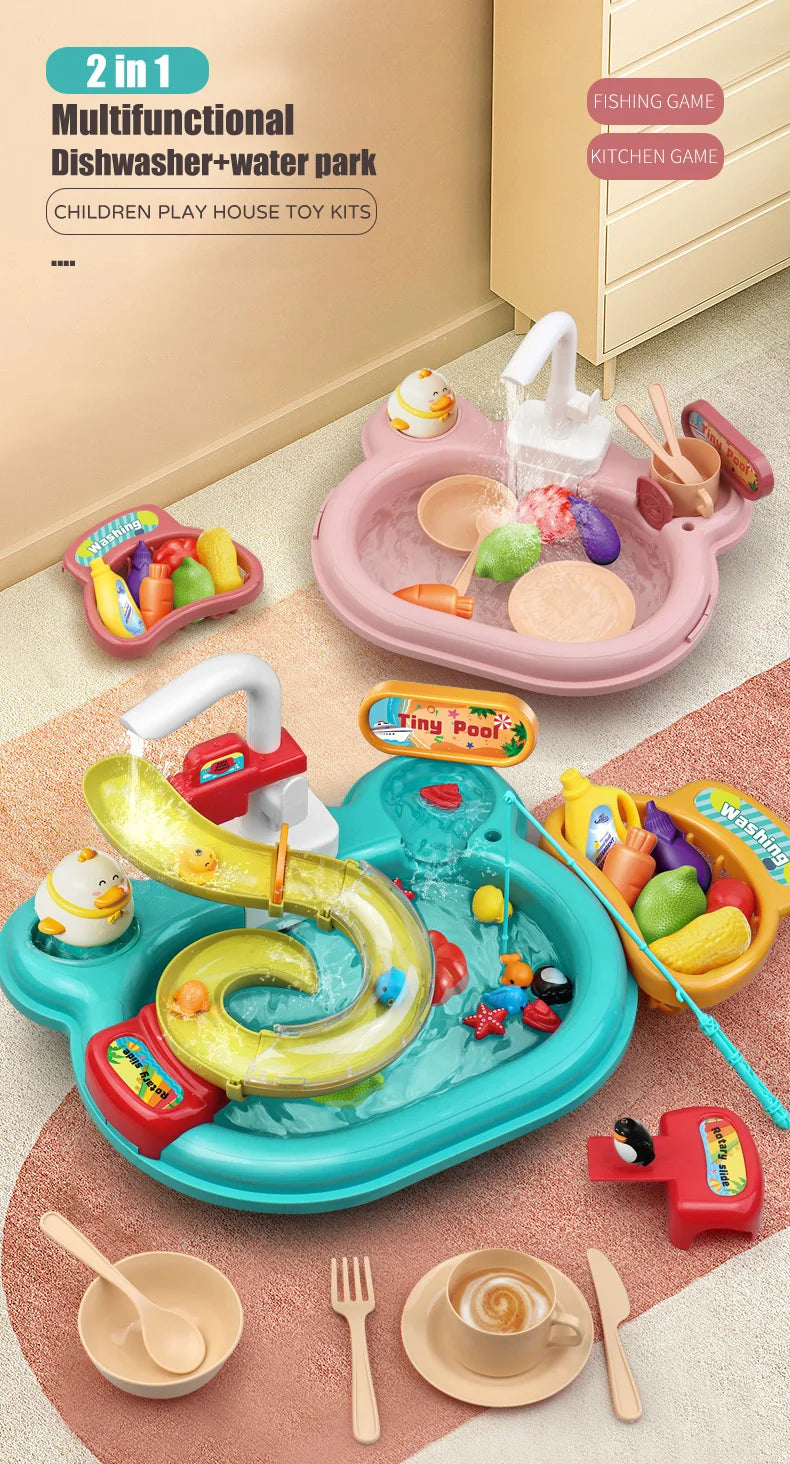 Children Electric Toy Sink Disheswash Water Simulation Food Fruit Kitchen Pretend Play Magnet Fishing Kids Education Toy Girl