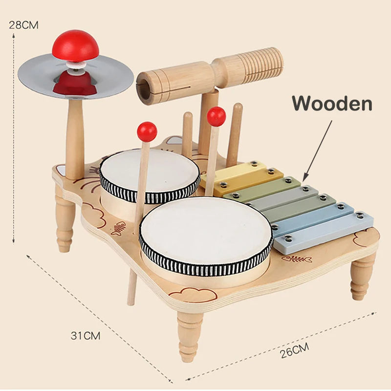 10-in-1 Wooden Musical Toy Drum Set and Xylophone