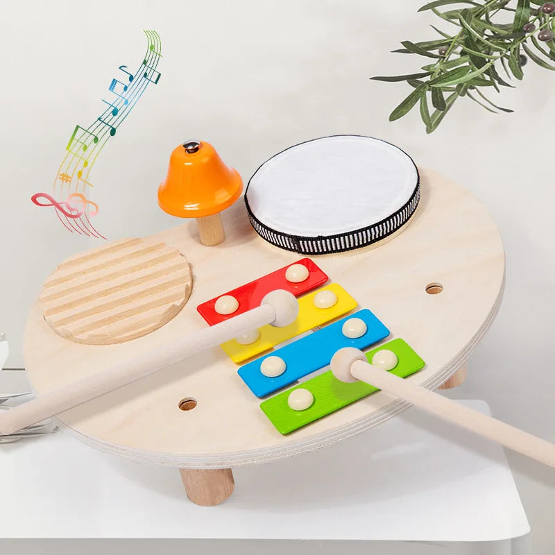 10-in-1 Wooden Musical Toy Drum Set and Xylophone