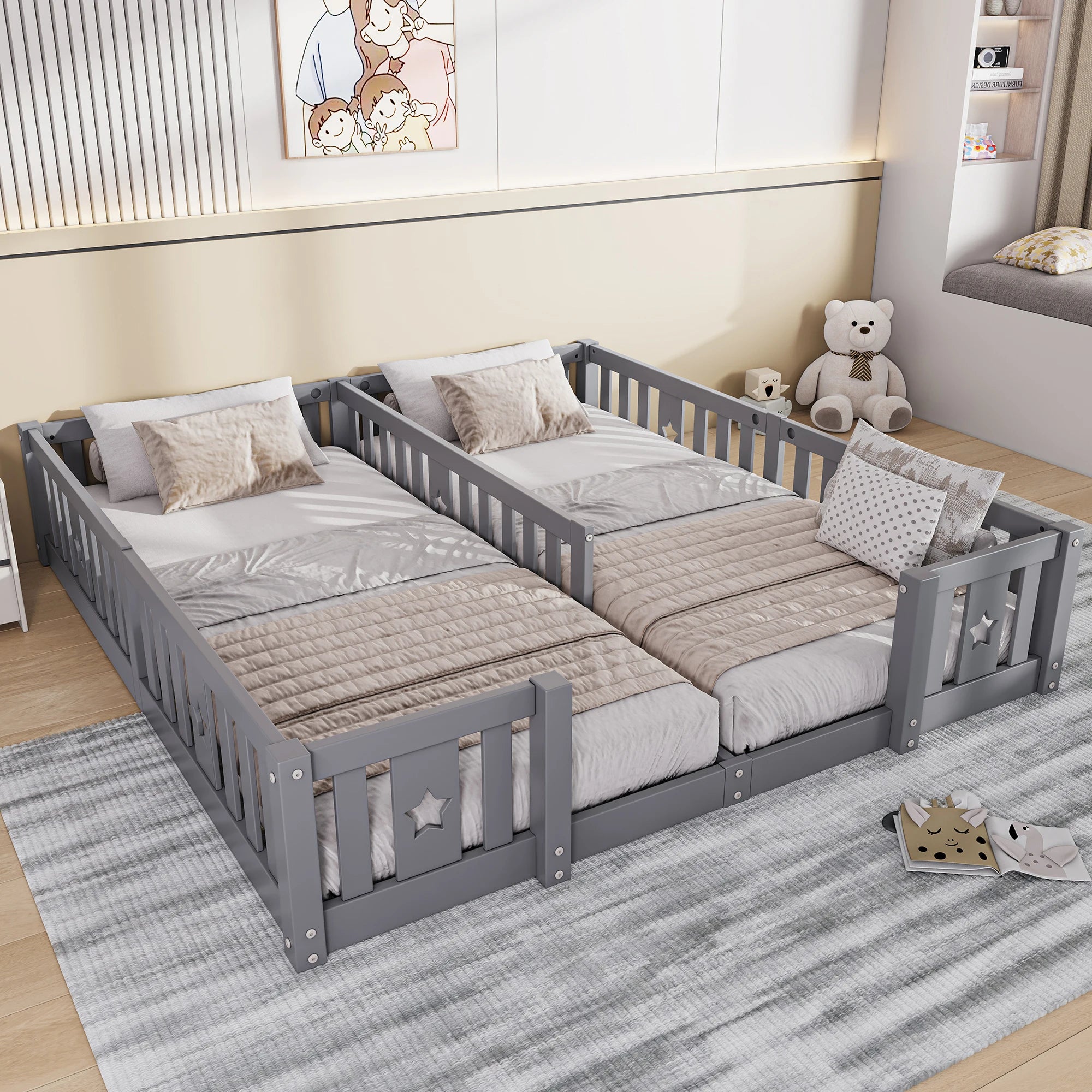 Rosahqnda Solid Floor Bed 180x200cm,Children's Bed with Slats & Star Pattern,Modern Kids Room Furniture,White/Gray