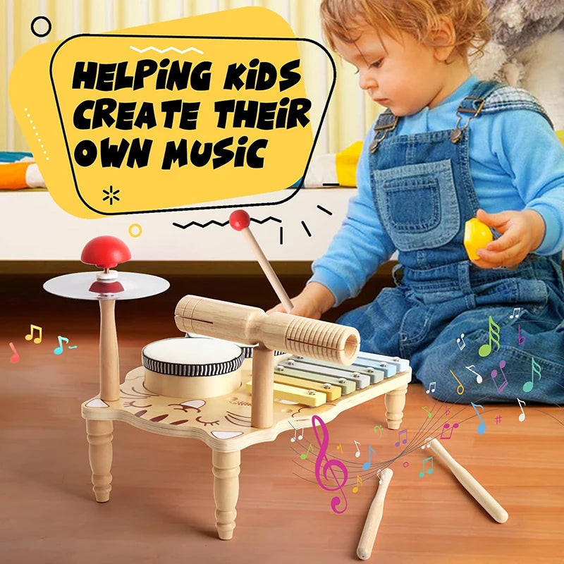 10-in-1 Wooden Musical Toy Drum Set and Xylophone