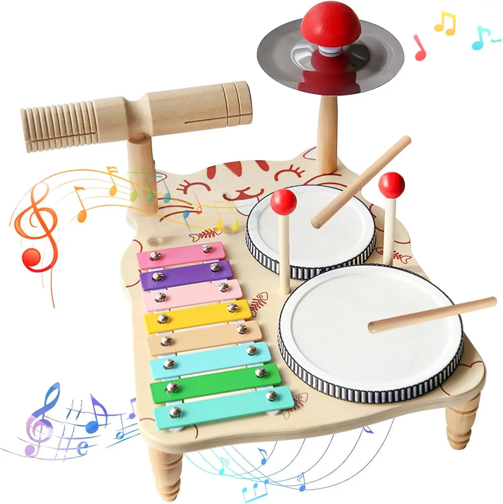 10-in-1 Wooden Musical Toy Drum Set and Xylophone