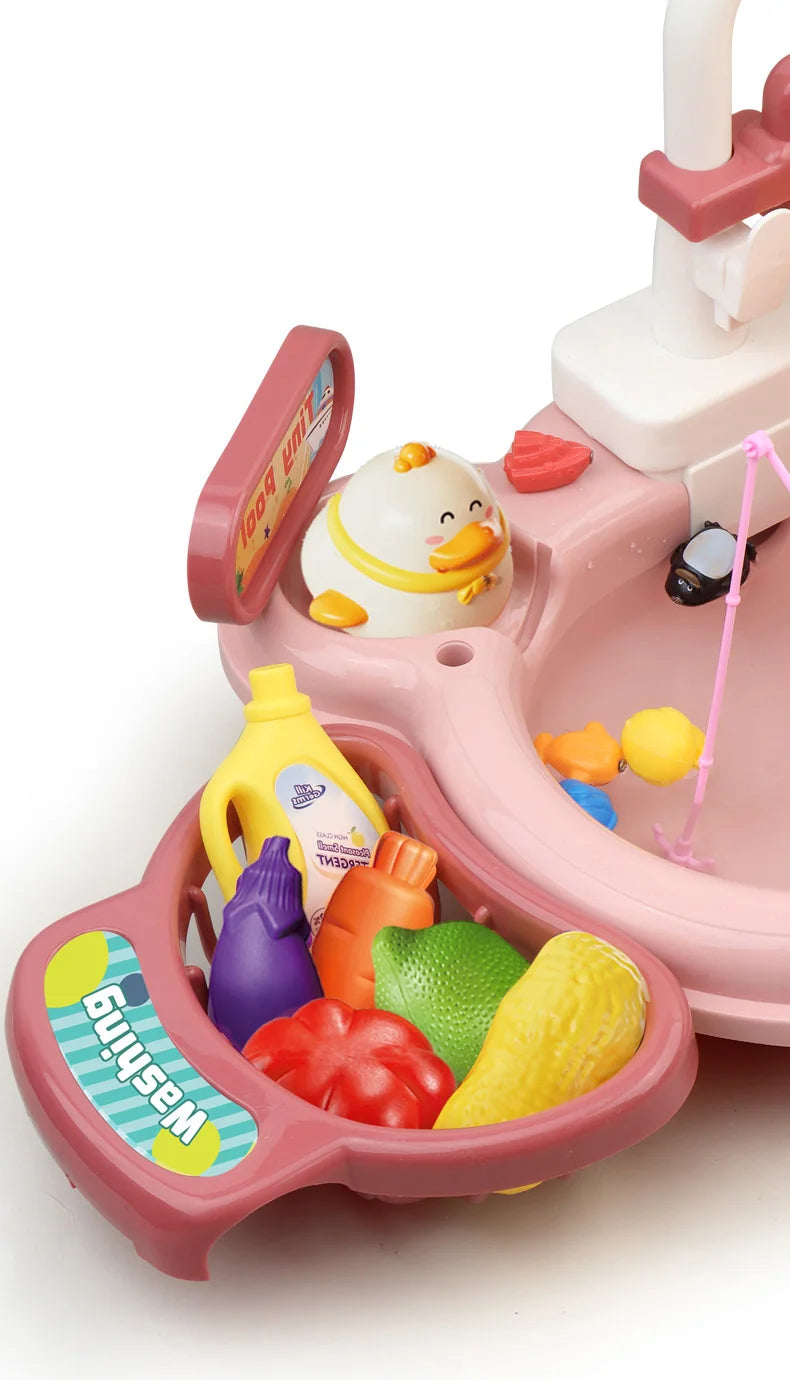 Children Electric Toy Sink Disheswash Water Simulation Food Fruit Kitchen Pretend Play Magnet Fishing Kids Education Toy Girl