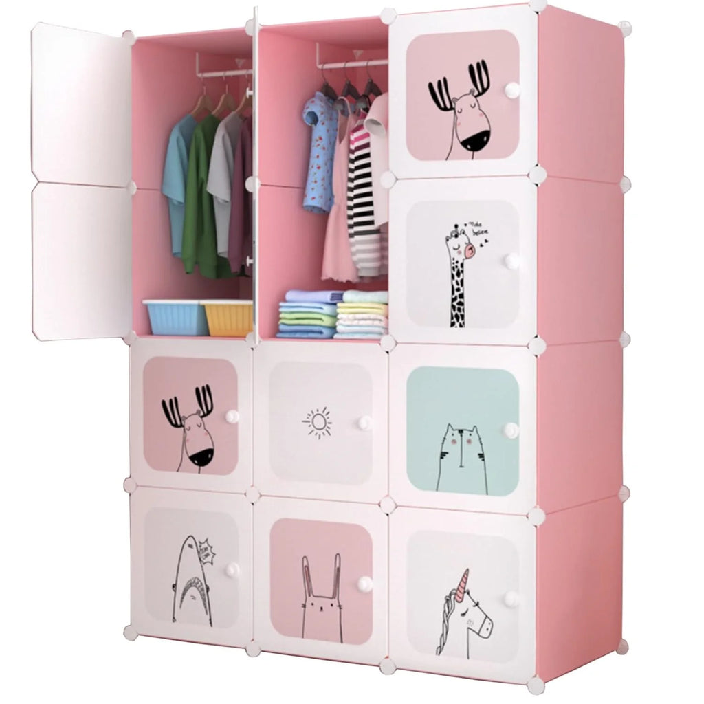 Modular child cabinet with 12 pink/blue polypropylene cubes
