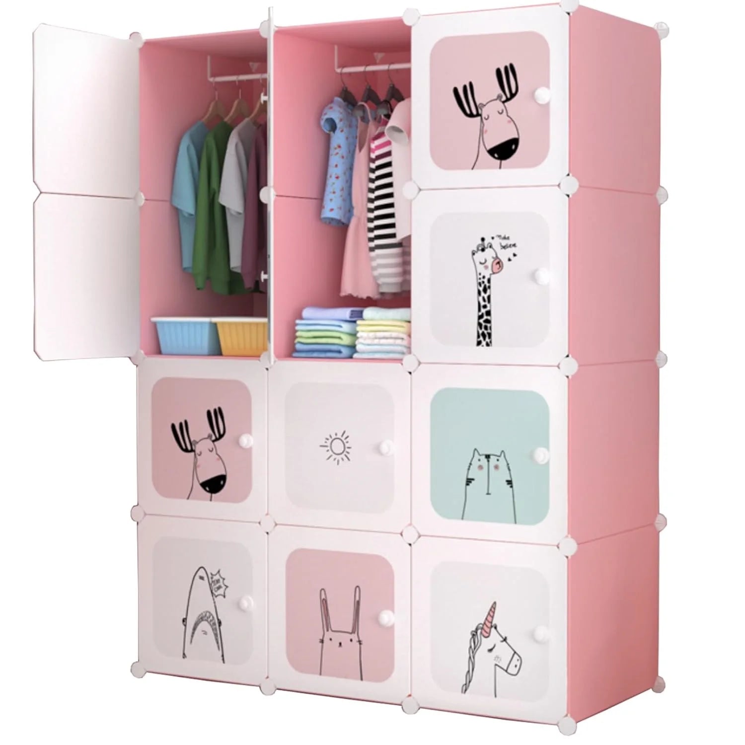 Modular child cabinet with 12 pink/blue polypropylene cubes
